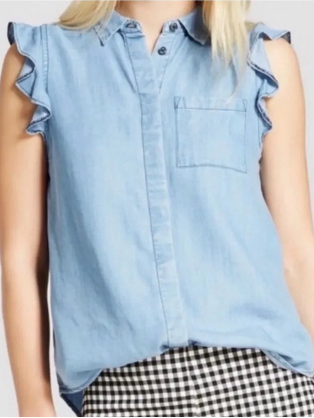 Who What Wear Blue Chambray Ruffle-Sleeve Button-Down Top Light Wash Sz XL Boho